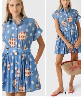 HUNTER BELL Blue Printed Short Sleeve Shirt Dress with Rust Accents